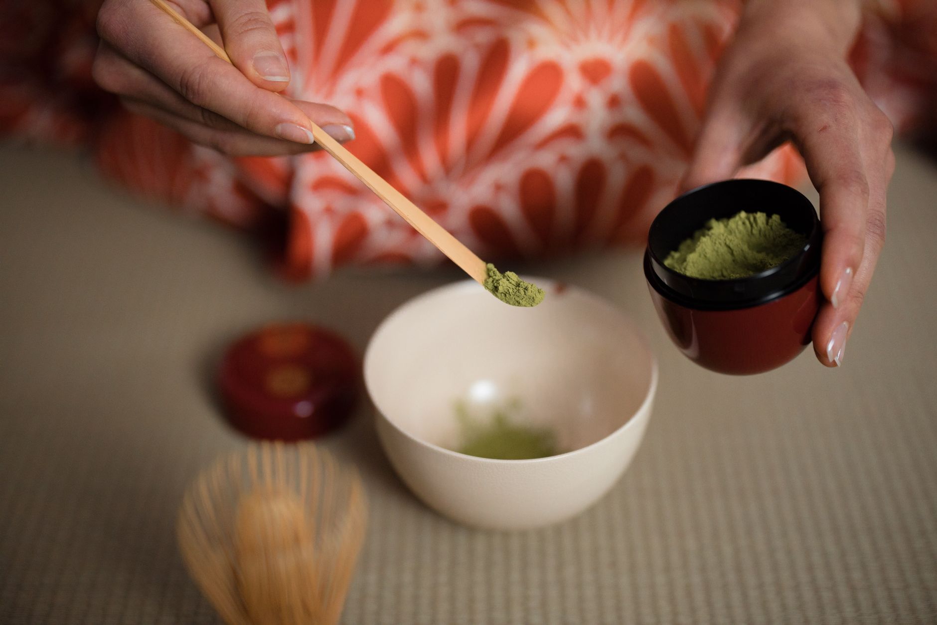 Green matcha tea ceremony in authentic Kyoto garden