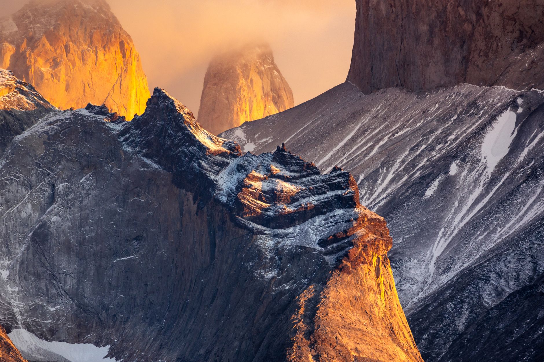 Patagonian mountain ridge illuminated by morning sun